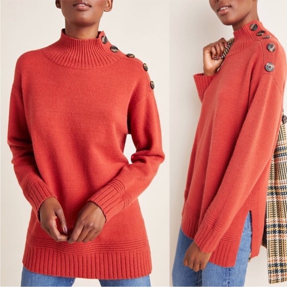 Anthropologie Sweaters - Anthropologie Oversized Brick Red Button-Accent Mock Neck Tunic Sweater